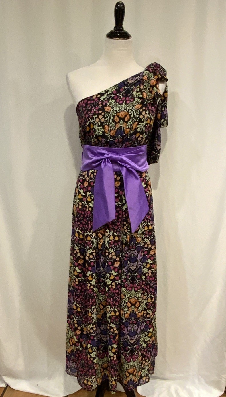 Eva Mendes Maxi Dress S Floral One shoulder Pleated Multicolor Chiffon floral
