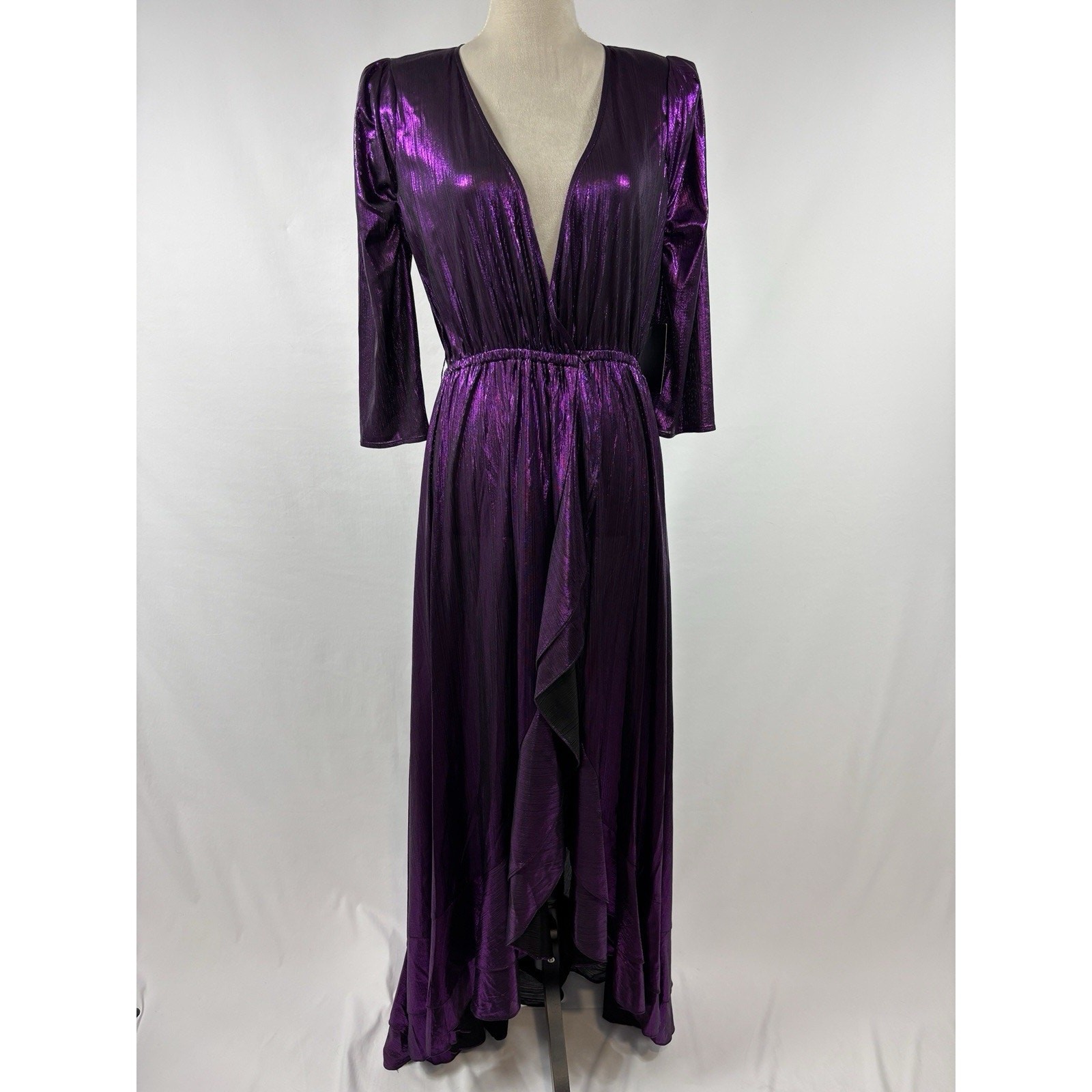 NWT Retrofete Flora Maxi Wrap Dress Purple Metallic Size Large TT-1952 Plisse