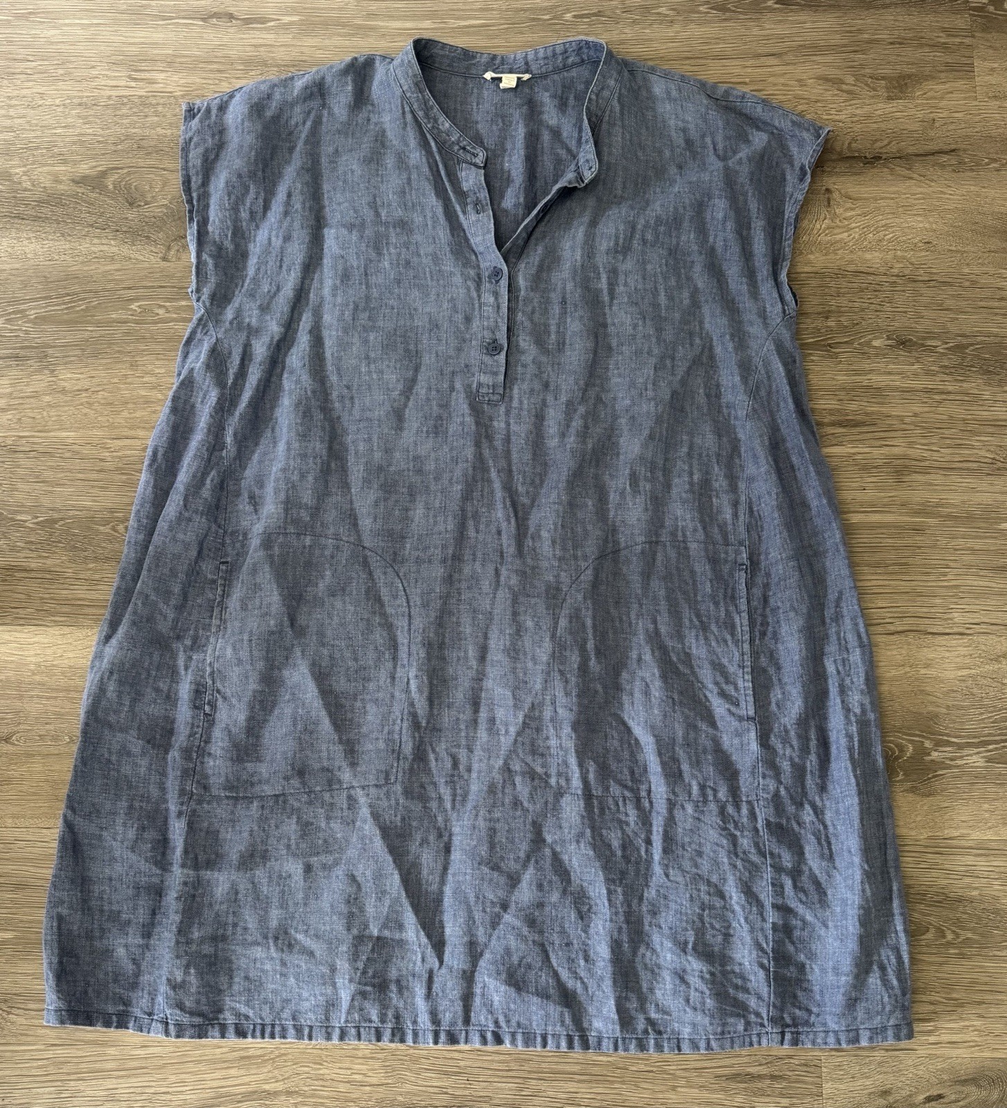 EILEEN FISHER Organic LINEN Mandarin COLLAR DENIM Front Pockets SHIRTDRESS XL 🔥
