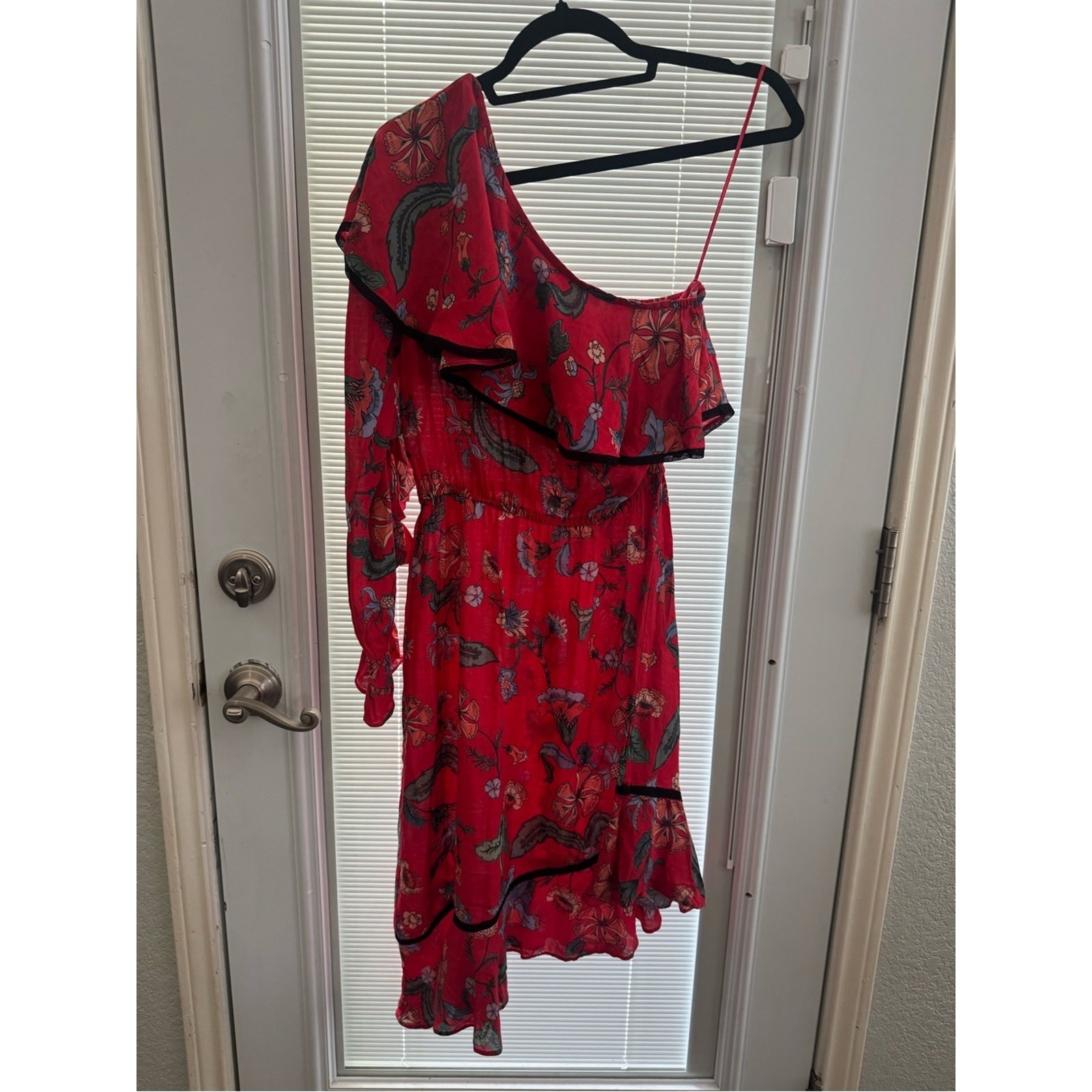 Love Sam Red Floral One Shoulder Asymmetrical Ruffle Dress XS Boho Viscose