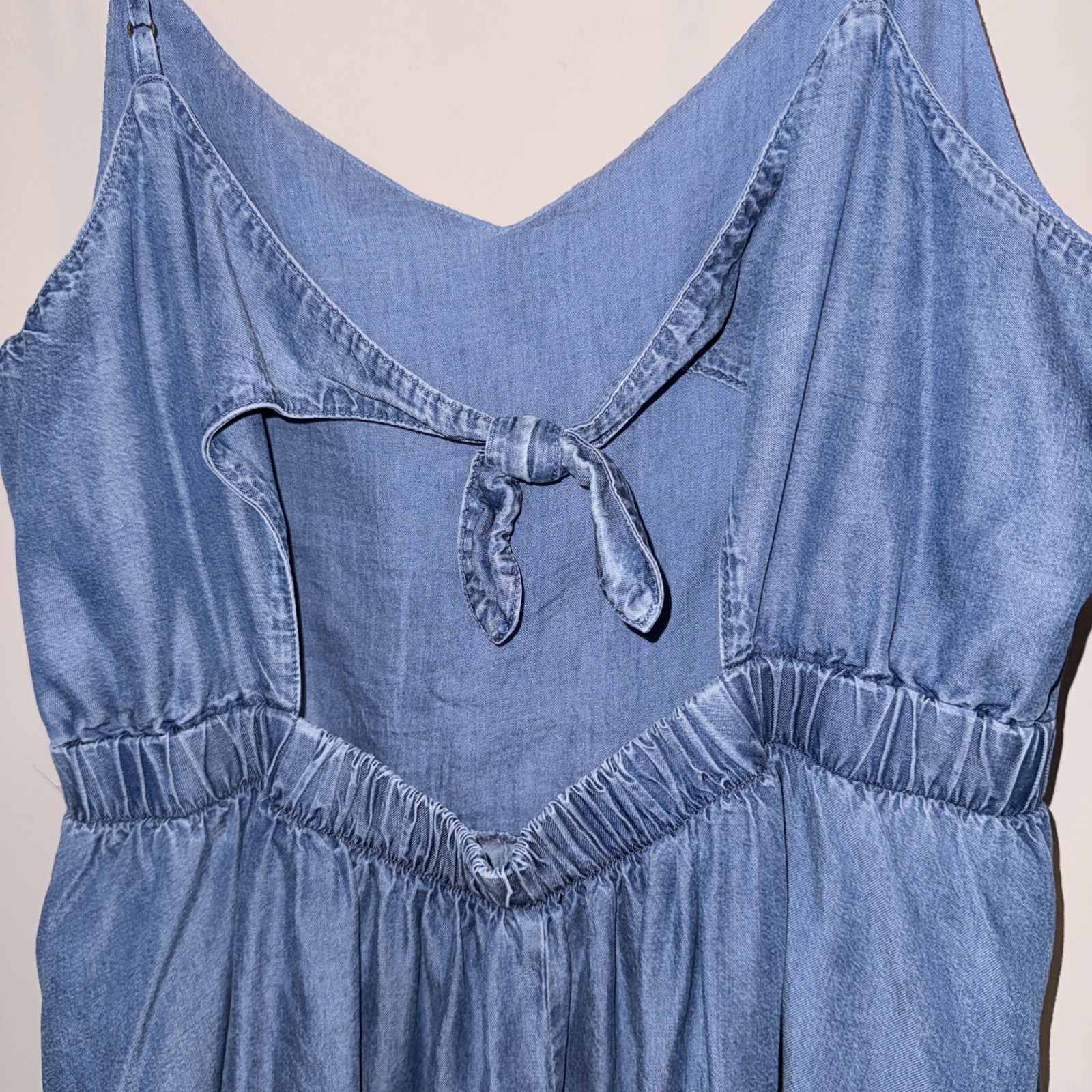 LC Lauren Conrad SIze Large Lyocell Chambray Midi Sun Dress Tie Back Pockets