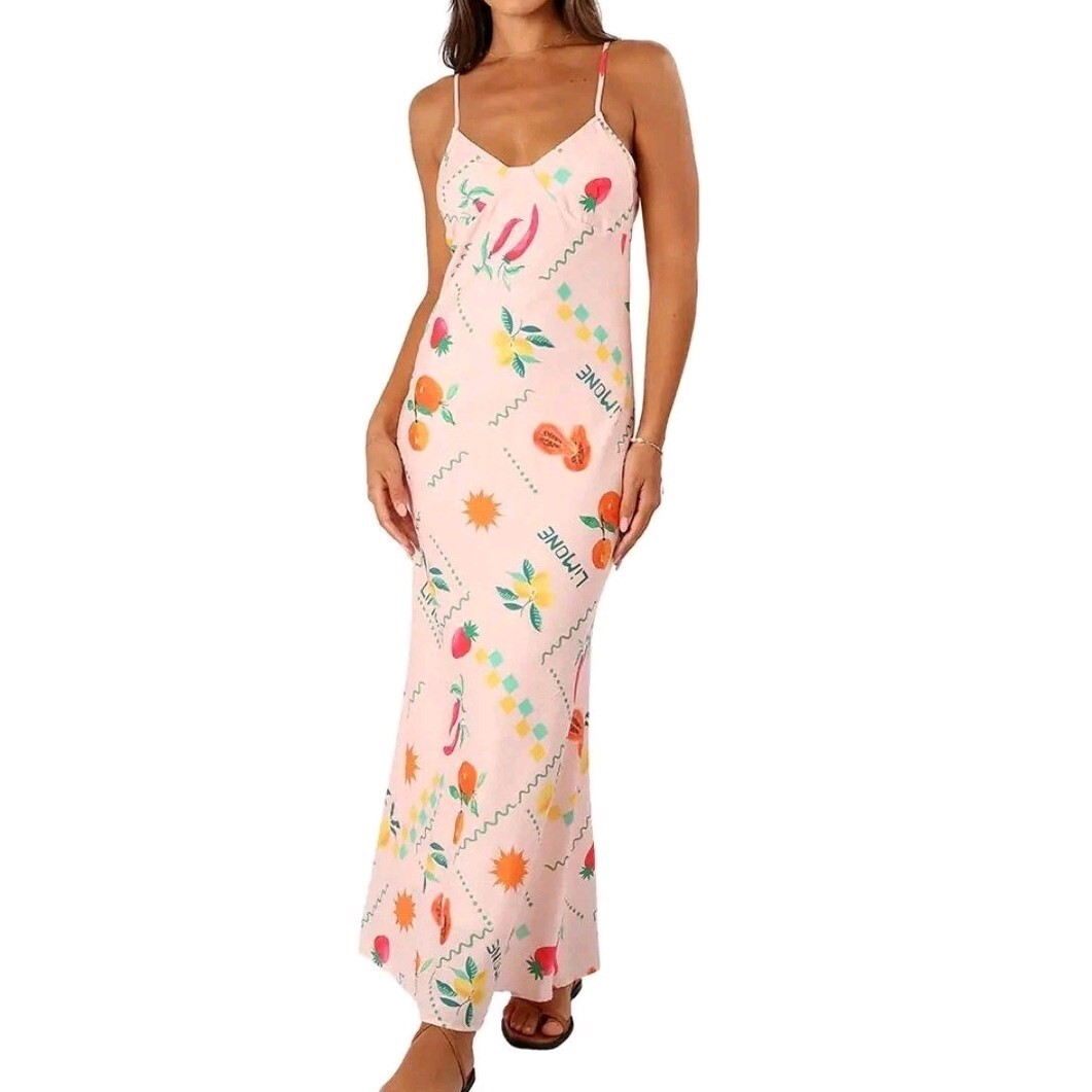 NWT Petal & Pup Frutti Satin Slip Vacation Maxi Pink Sundress Dress Lemons Sz M