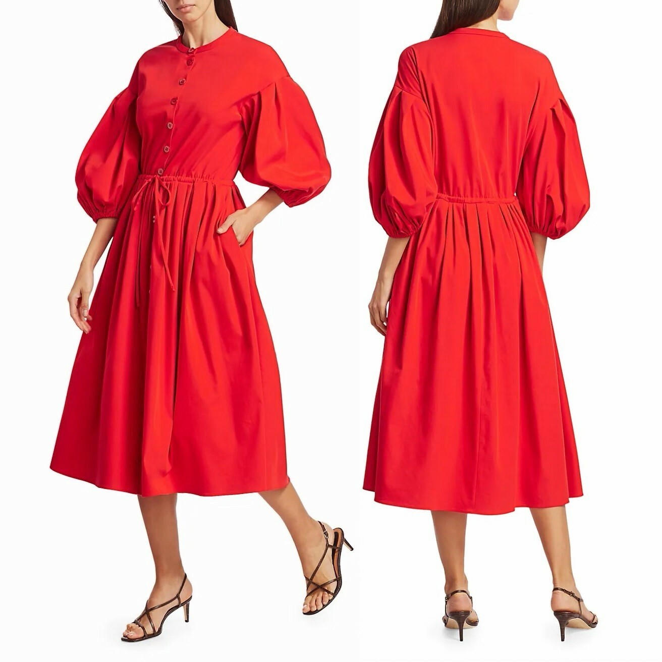 STINE GOYA ‘India’ Round Neck Balloon-Sleeve Buttoned Draped Shirt Midi Dress, S