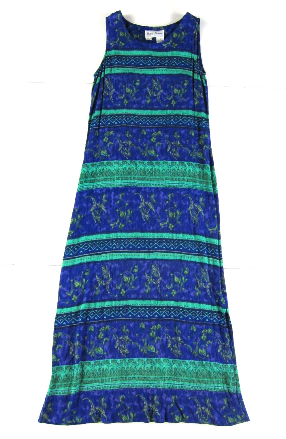 VTG Betsey Lauren 100% Rayon Blue Green Floral Maxi Long Tank Sun Dress 8