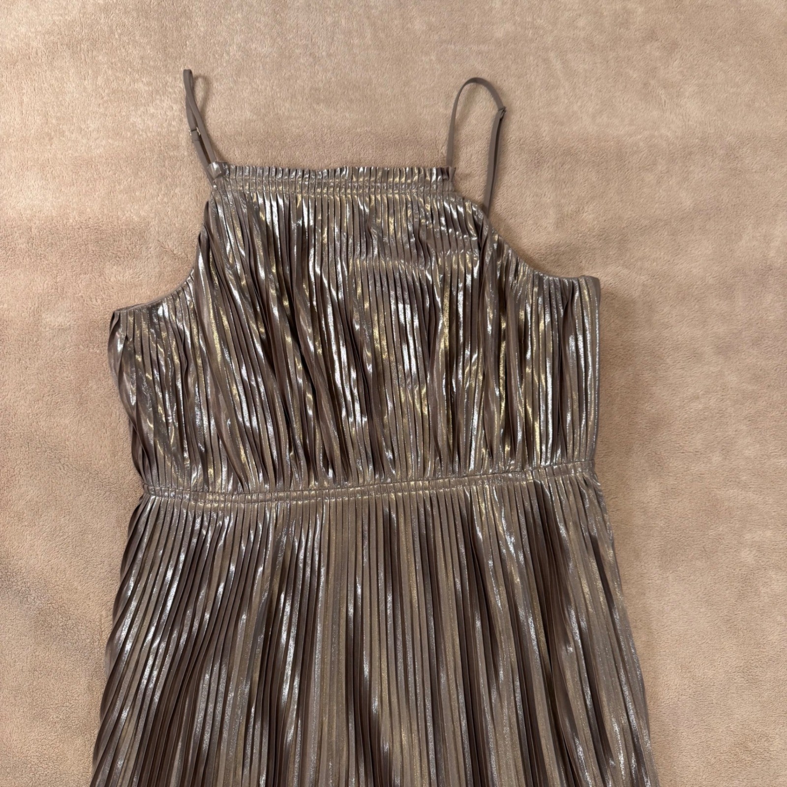 Classy Disco Party Metallic Silver Pleated Midi Dress Wedding Cocktail Sz 10P