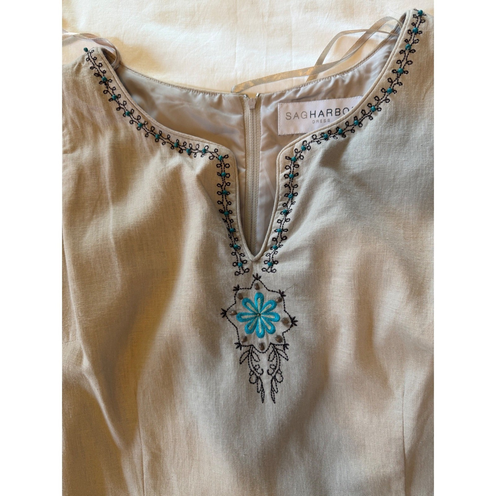 Sag Harbor Women Tan Linen Blend Embroidered Sheath Dress Sz 16 Sleeveless Boho