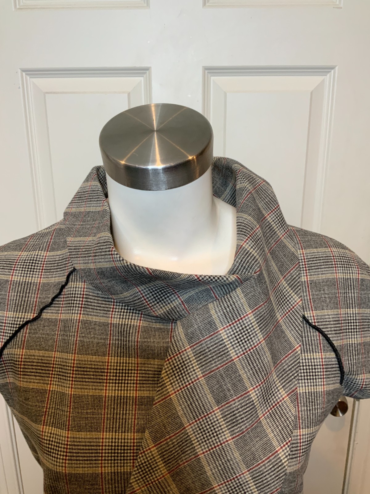 Purification Garcia Gray Houndstooth Check Bow Neck Shift Dress, Size 8 | 40