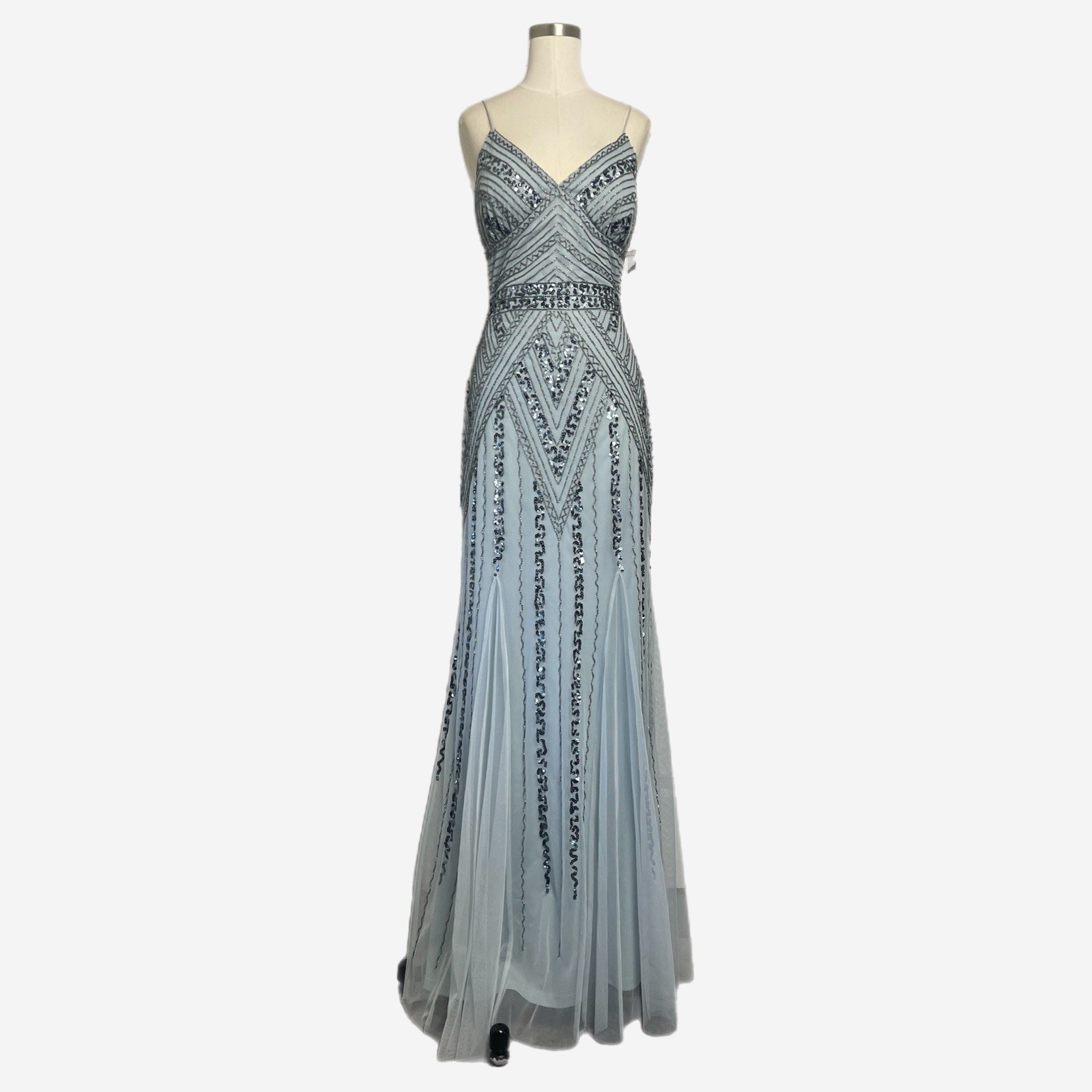 Marina NWT light blue beaded mesh v neck gown bridesmaid princess castlecore 6