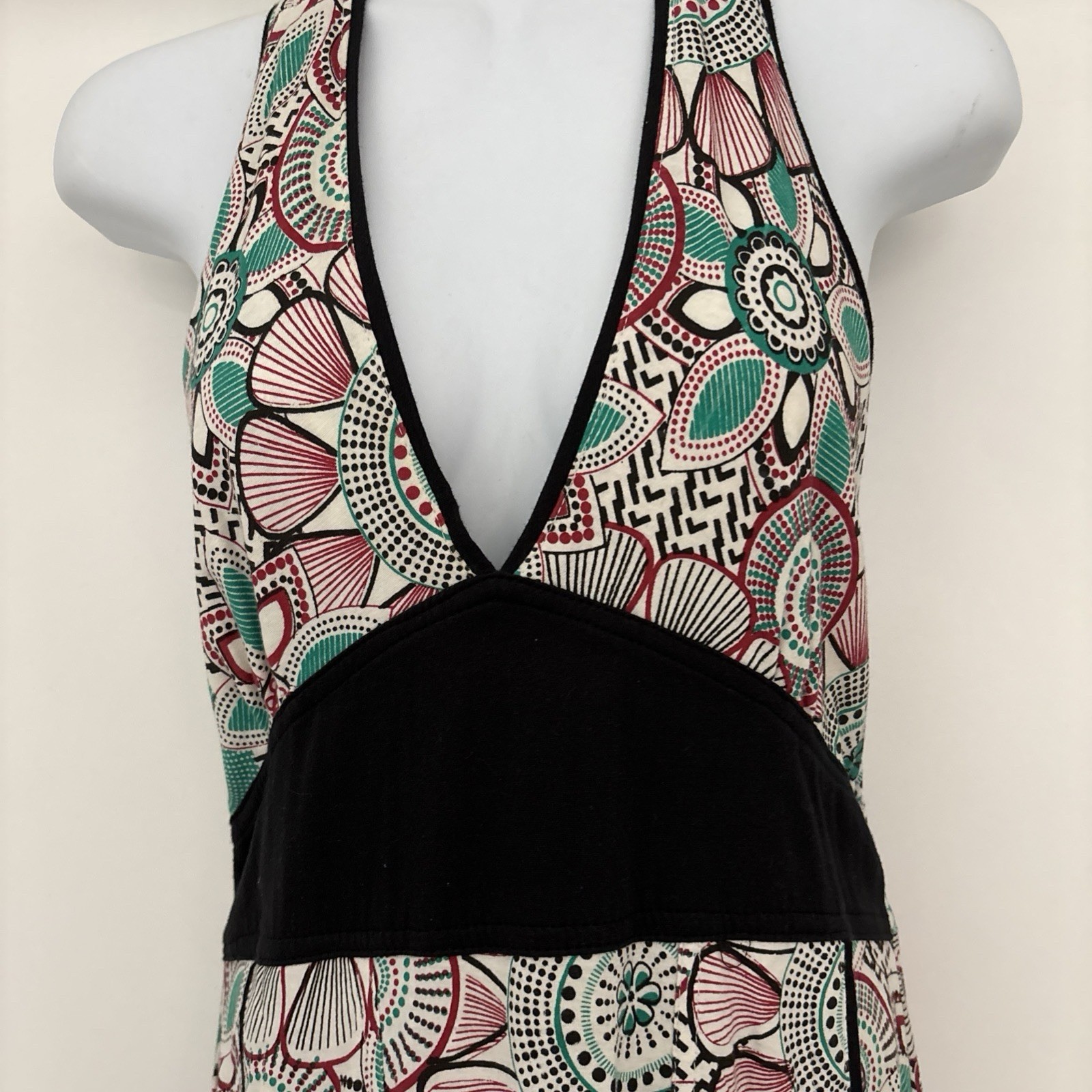 EUC Jayli Open Back Tie Halter Midi Dress Green Black Hippie Beach Boho M