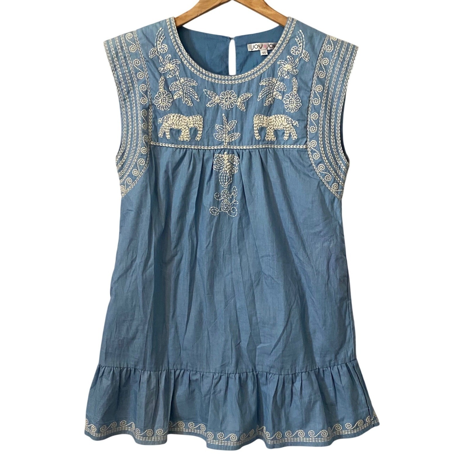 Joy Joy Blue Chambray Embroidered Elephant Boho Ruffle Hem Mini Dress XS