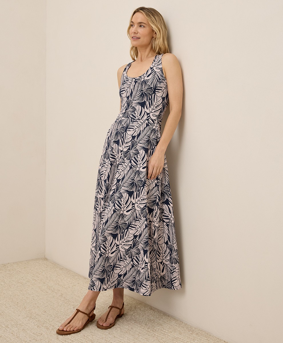 Pact Women’s Fit & Flare Open Back Maxi Dress X-Large Midnight Blue Palms