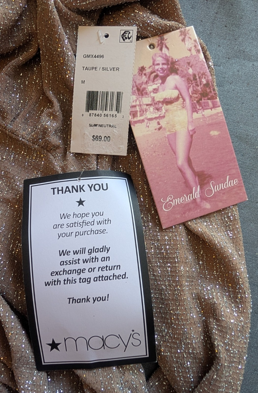 NWT Emerald Sundae Womens Silver Taupe Glitter Draped Front Dress M Ruched