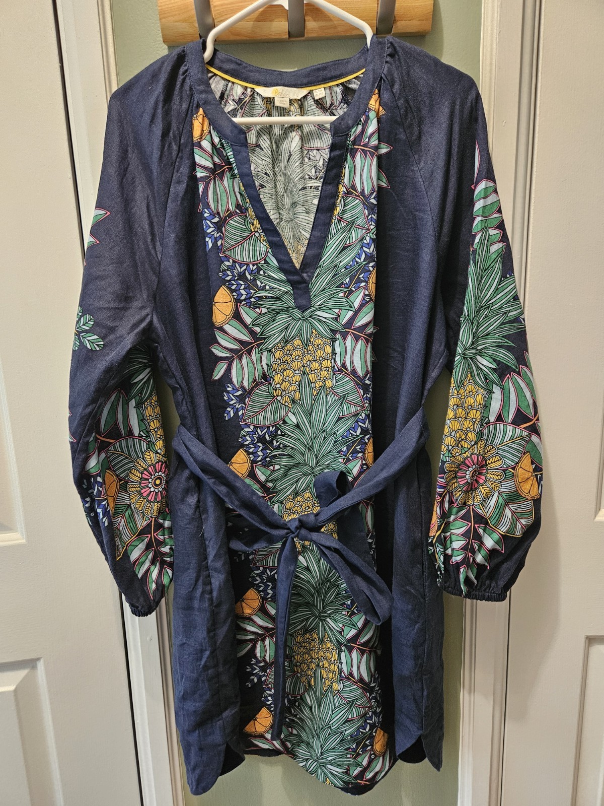 Boden Notch Neck Mini Dress Vibrant Blue Floral Linen US 14 Long Sleeves Pockets