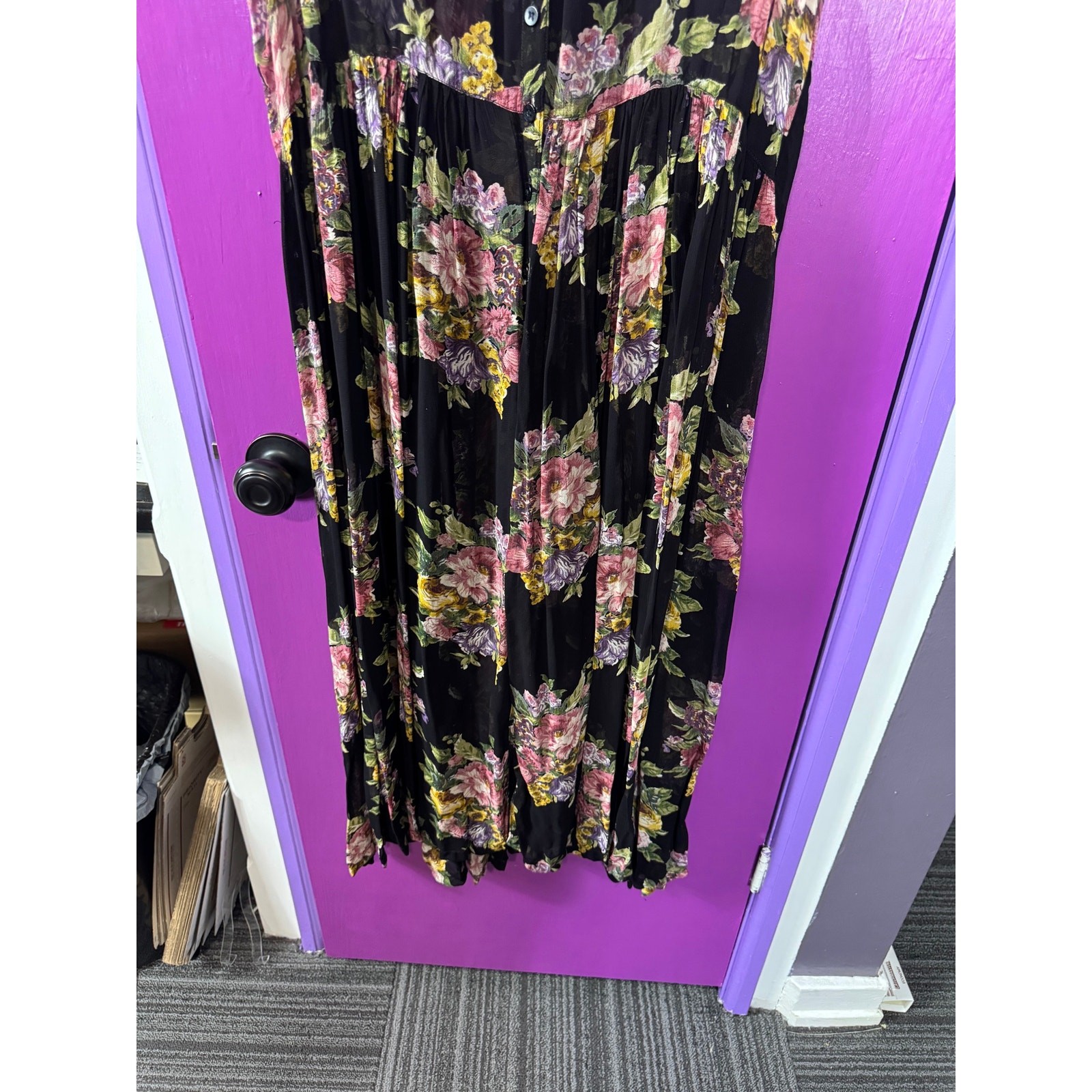 Nostalgia Black Floral Sheer Overlay Maxi Dress L 13/14 Boho Cottagecore vintage