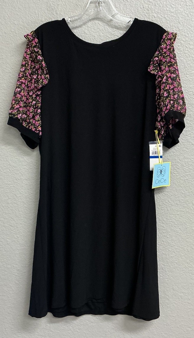 CeCe NWT Women’s Short Dress Black Ditsy Print Puff Sleeve Size XL