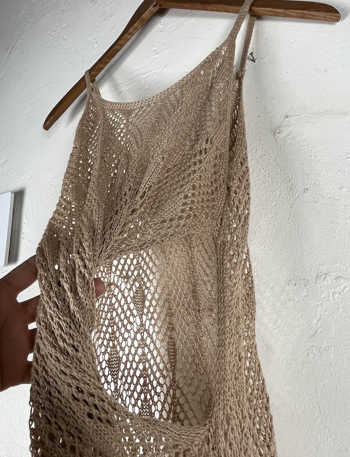 Women’s Crochet Knit Beach Cover Up Dress Tan Open Knit Sleeveless Size M