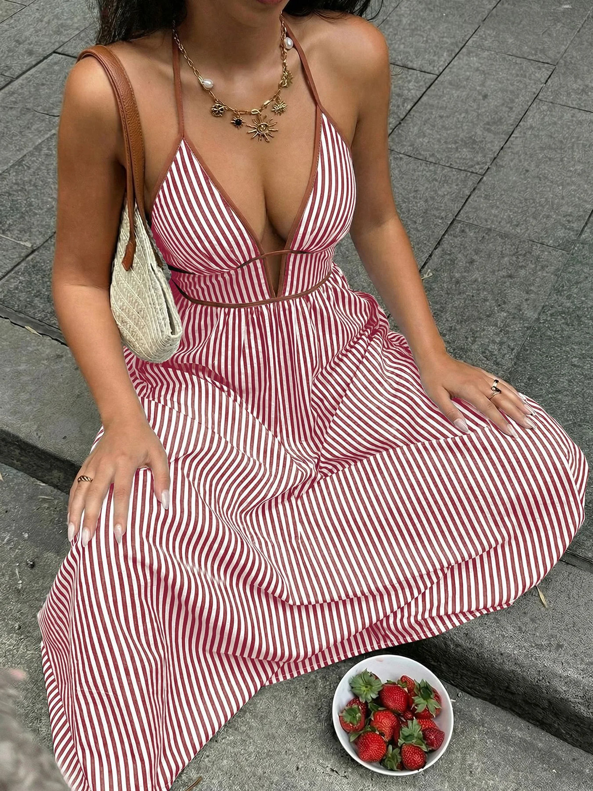 Striped Halter Neck Maxi Dress