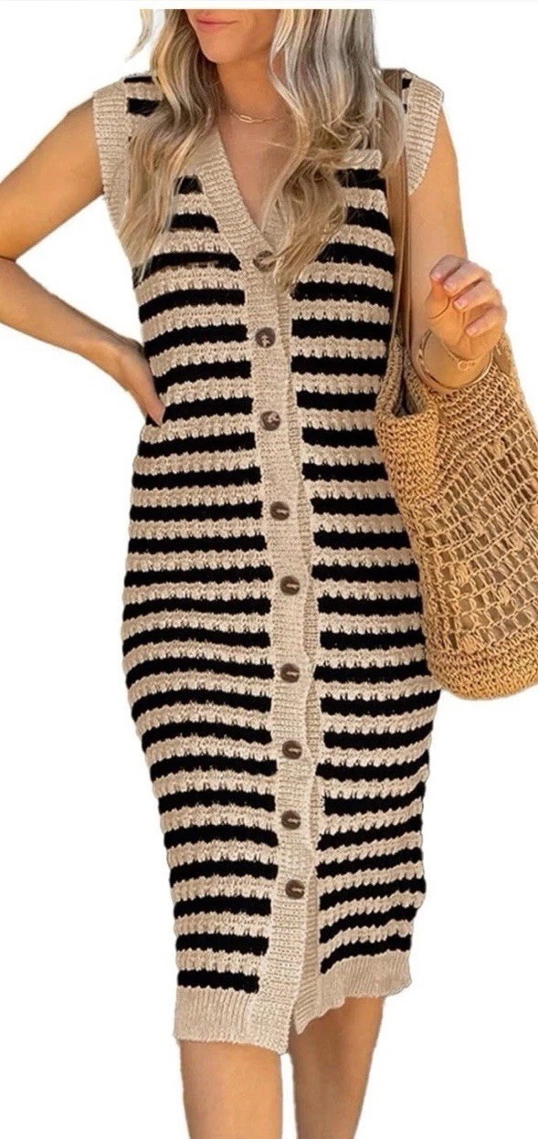 BLENCOT Women’s V Neck Striped Summer Tank Dress Causal Sleeveless Button-SIZE M