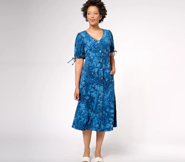 Susan Graver Regular Liquid Knit Elbow Sleeve Midi Dress , Blue Sz XXS a607358