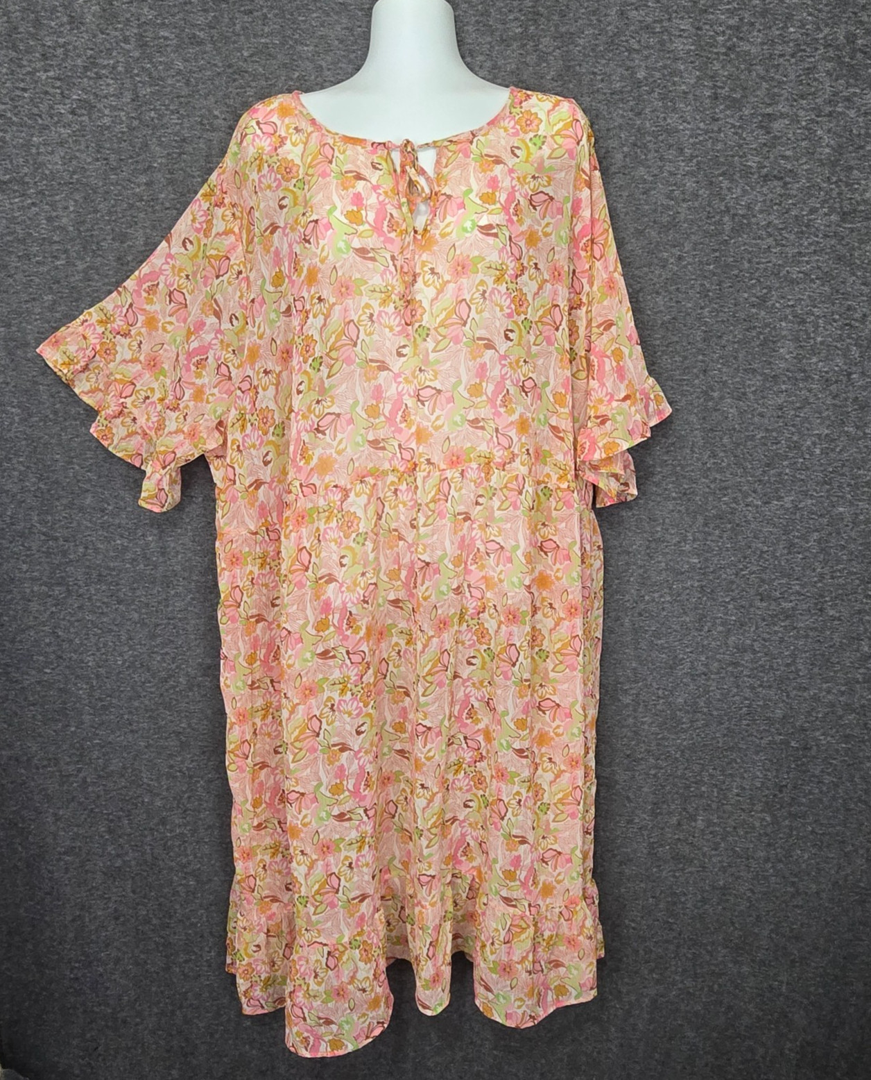 Ellos Tiered Dress Womens 2X Floral Ruffle Keyhole Neck Sheer Chiffon Overlay