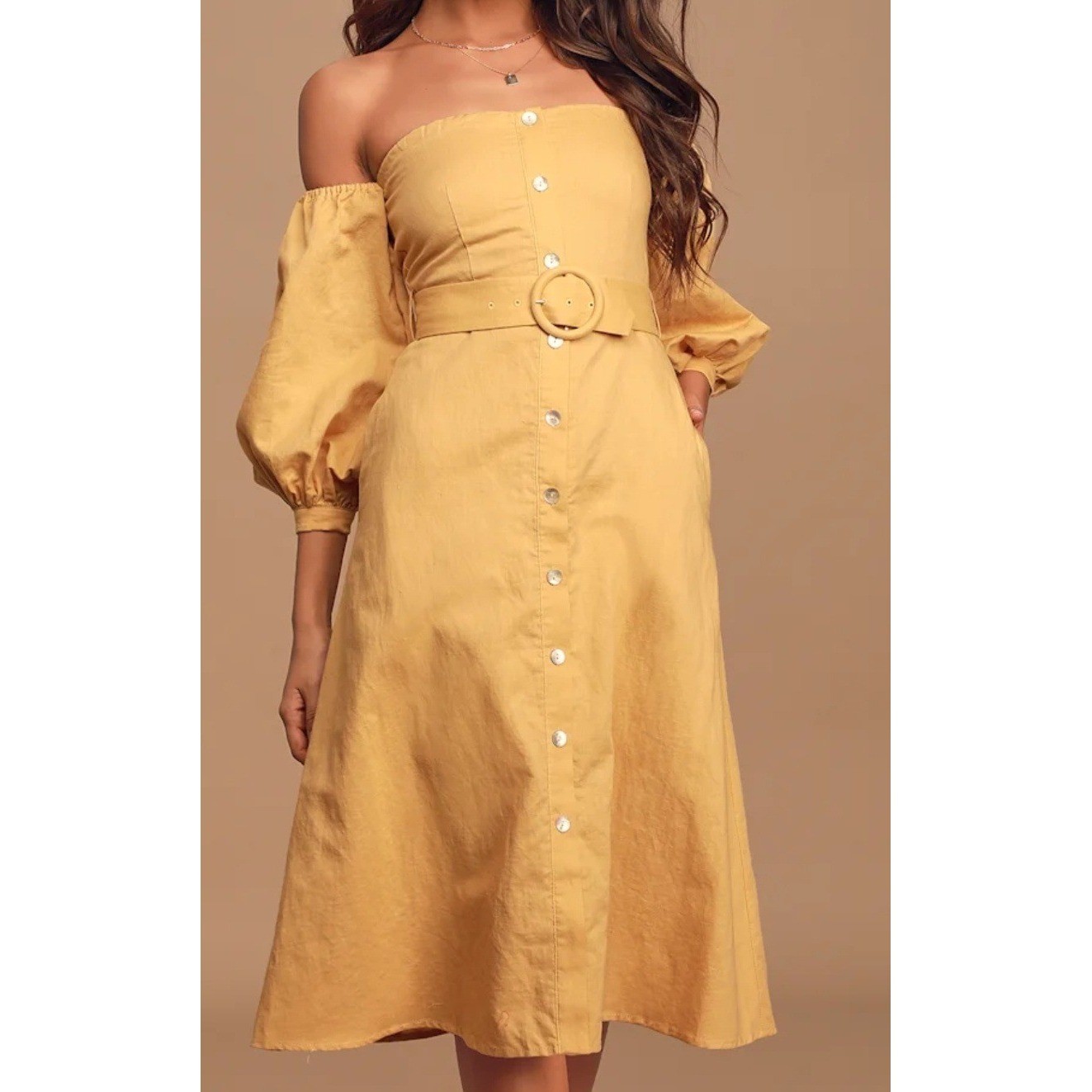 Capulet Monroe Light Yellow Off-the-Shoulder Button-Up Midi Dress