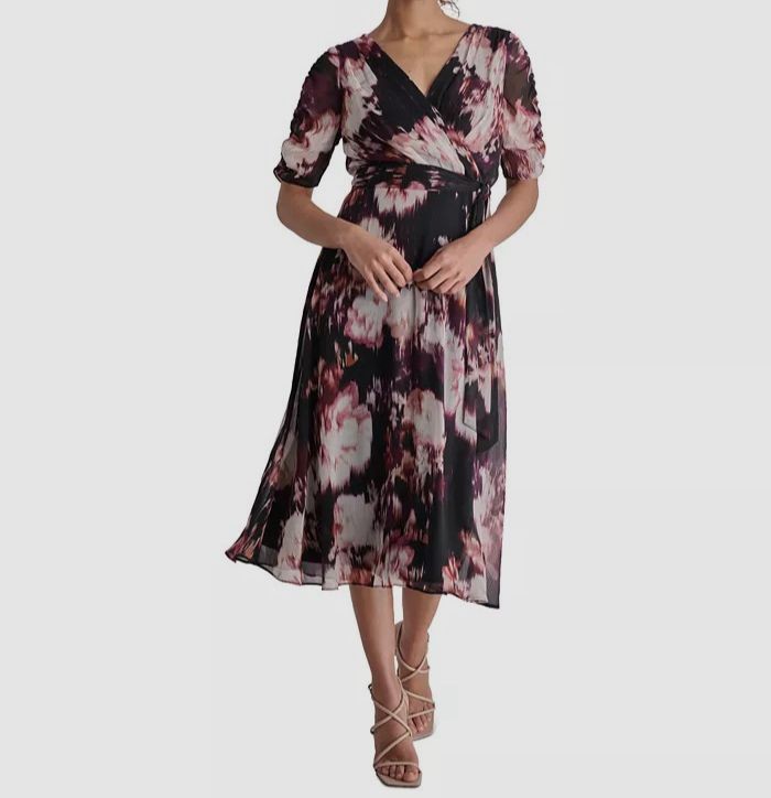 DKNY Women’s Purple Printed Self-Tie Fit & Flare Dress Petite Size 8P