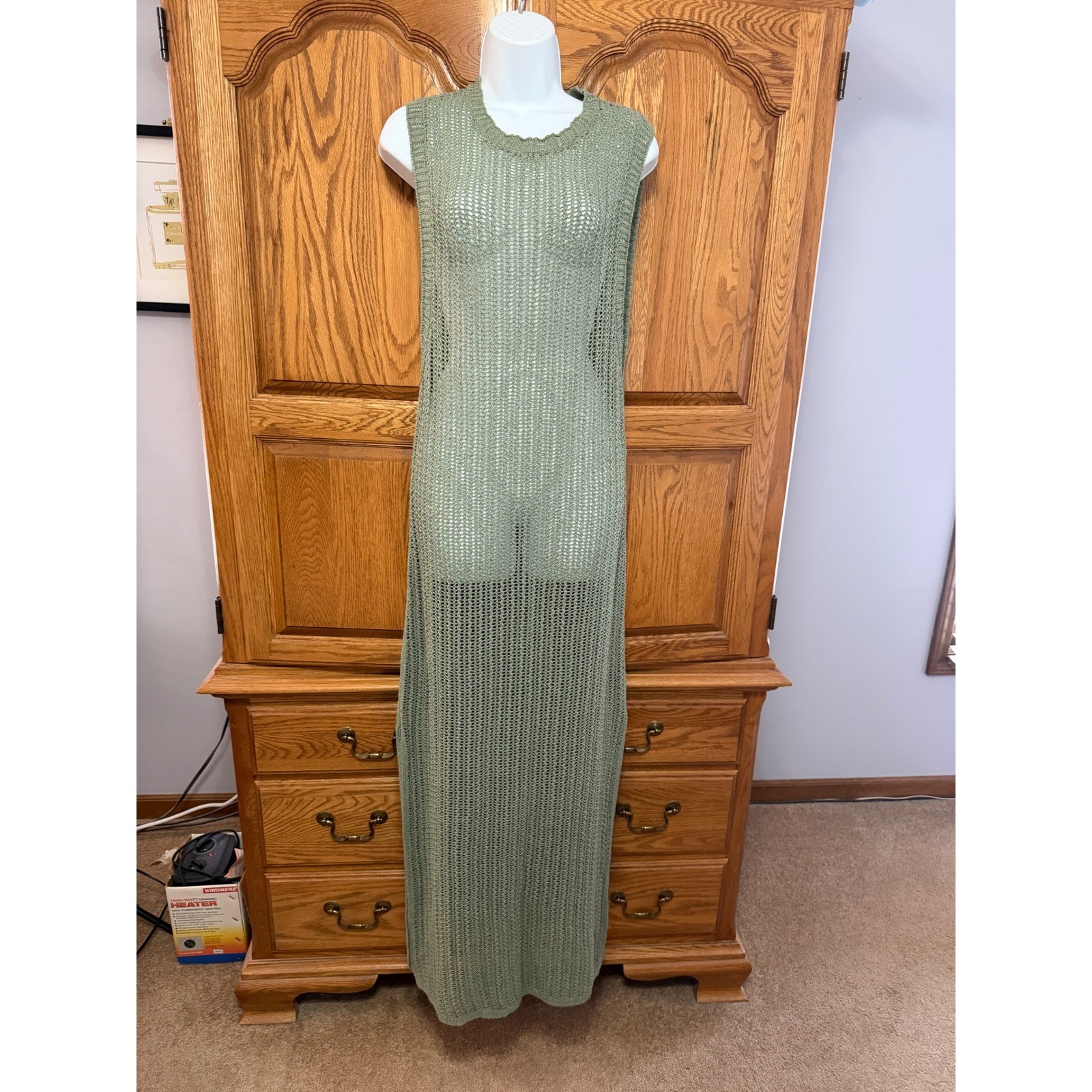 Rag & Bone Riley Crochet Knit Split Hem Maxi Dress Sage Green M Cotton Vacation