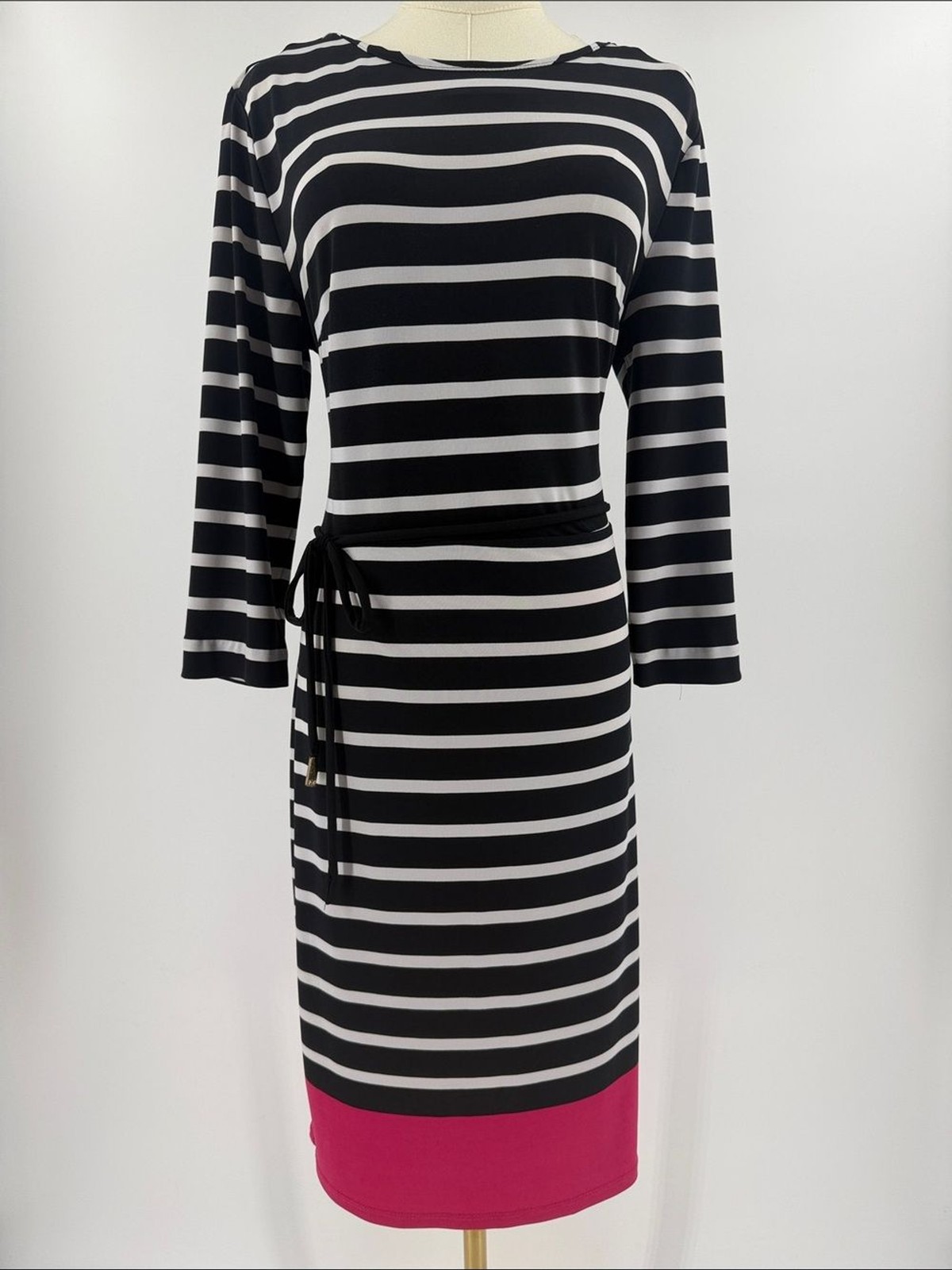 Liz Claiborne Black & White Striped Midi Dress with Pink Hem
