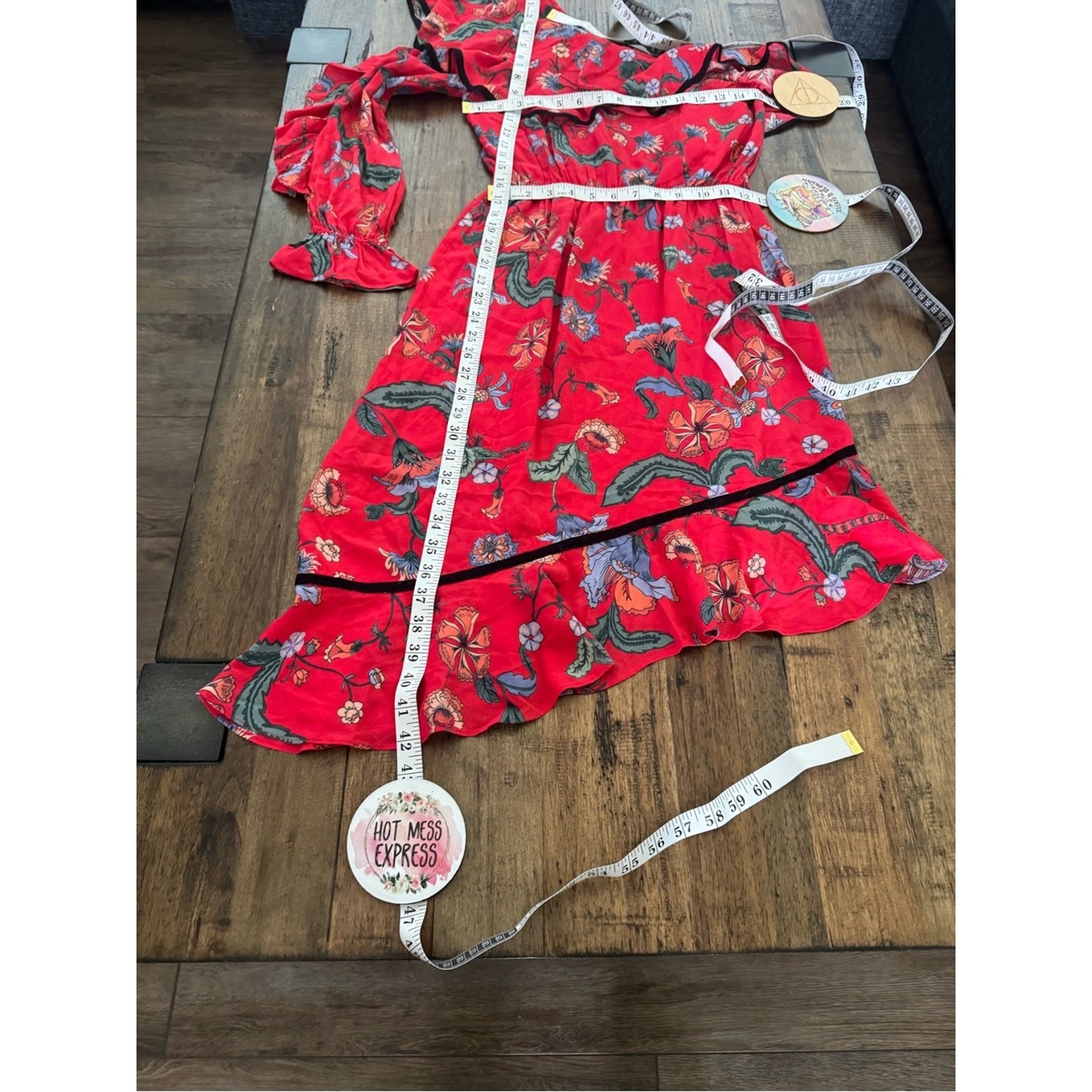 Love Sam Red Floral One Shoulder Asymmetrical Ruffle Dress XS Boho Viscose