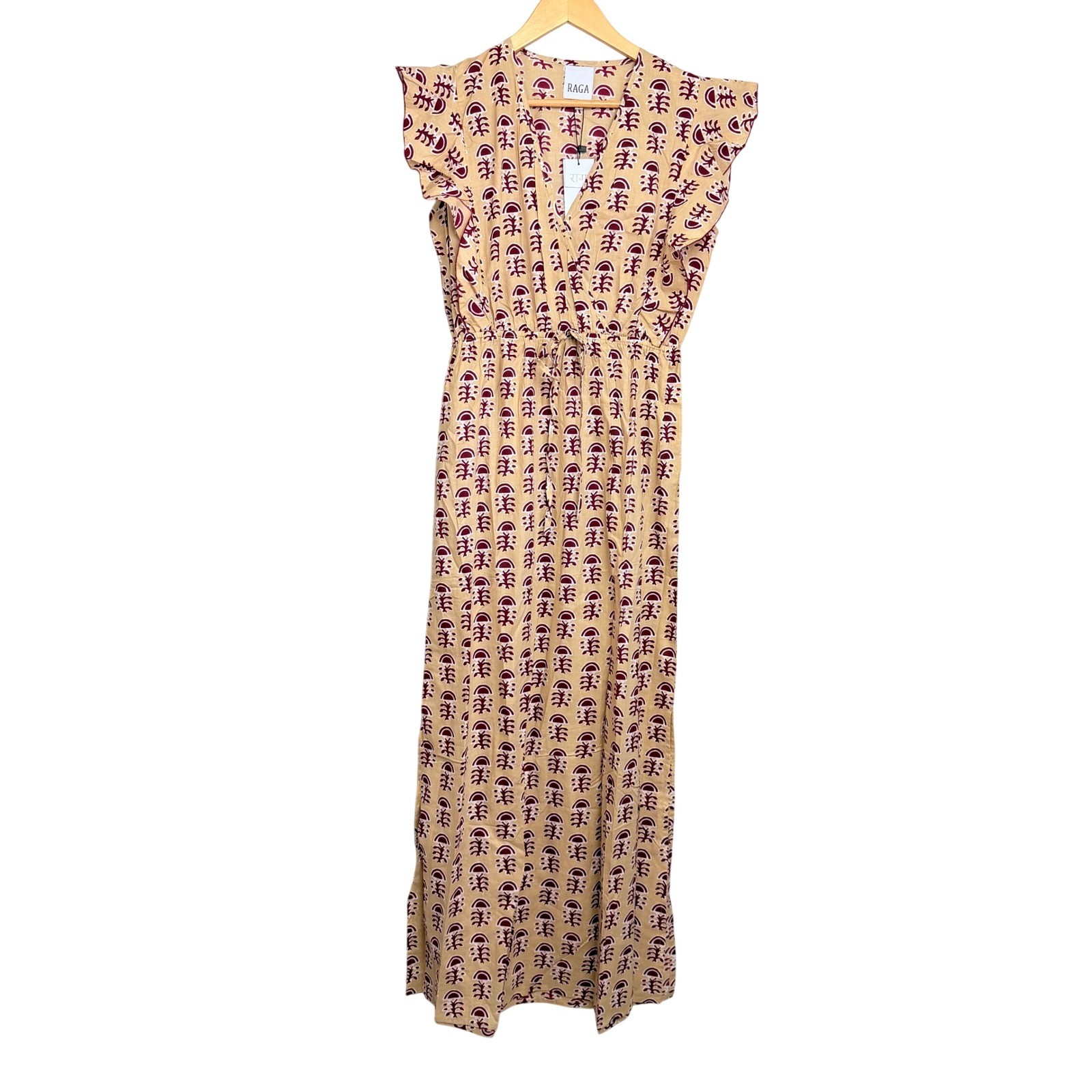 NEW Raga Dalbir Maxi Dress Tan Burgundy Block Print Ruffle Sleeve Small NWT