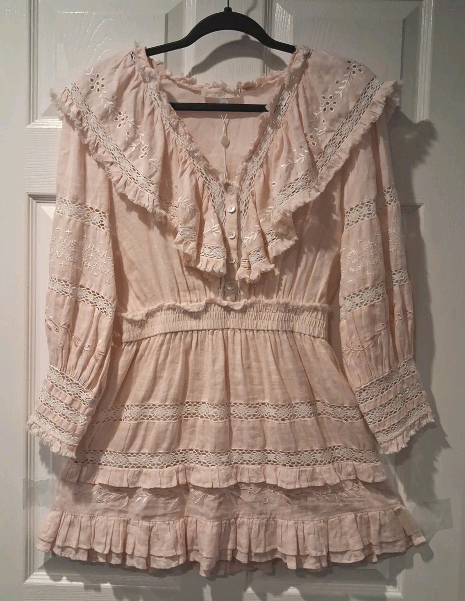 Love Shack Fancy Cailey Cotton Embroidered Long Sleeve Mini Dress Size 10 Pink