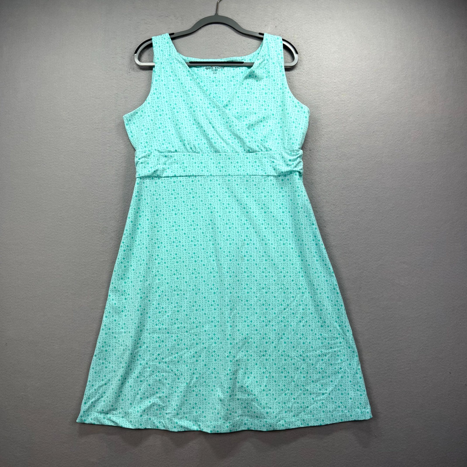 Eddie Bauer A Line Dress Womens XL Blue Pattern Empire Waist Stretch Wrap V Neck