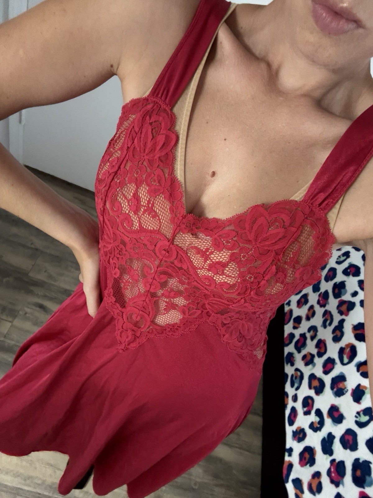 90s Red Lace Bust Midi Slip Dress Triangle Front & Back Neckline, Size М