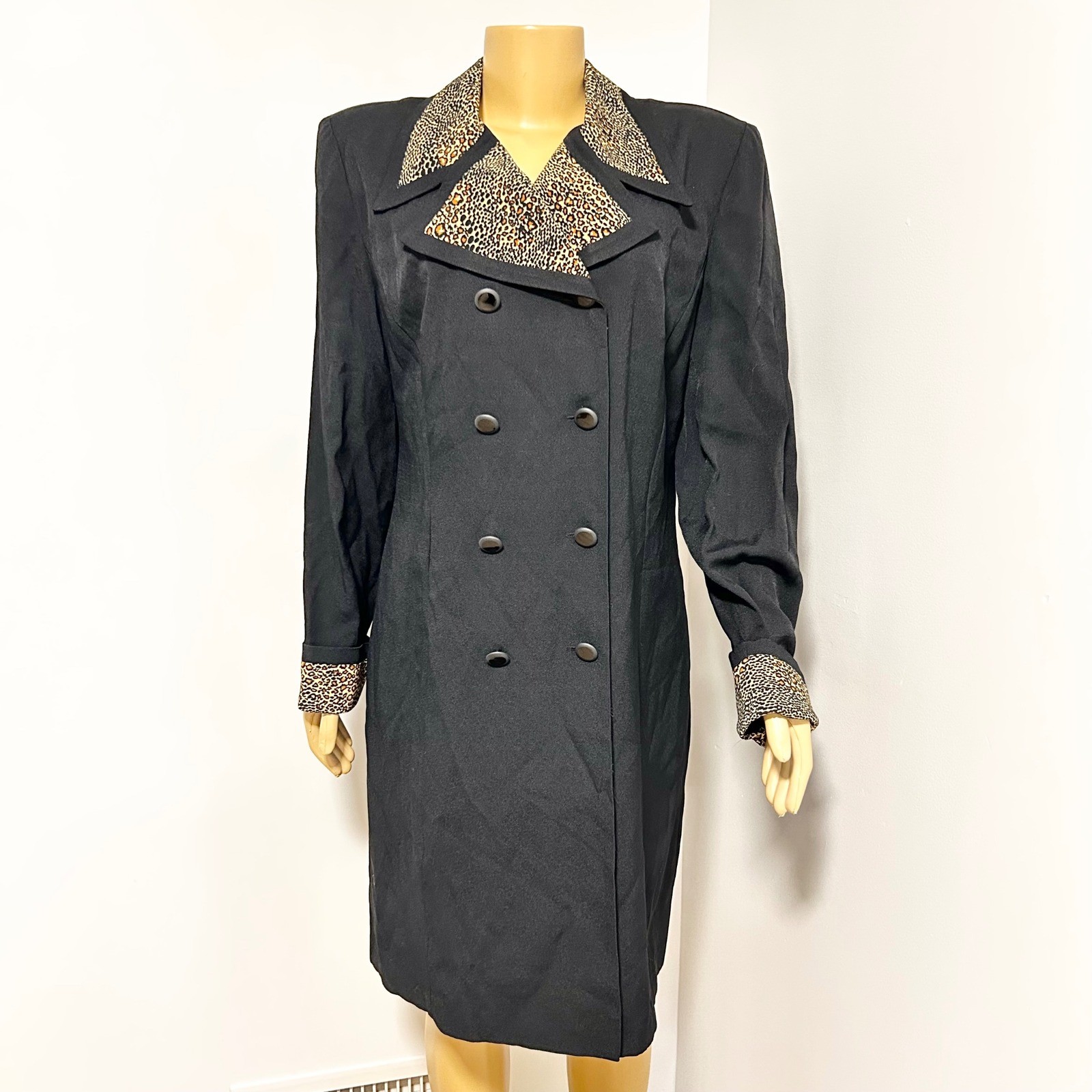 Lois Snyder Dani Max Vintage 80s Black Blazer Dress Leopard Double Breasted 16