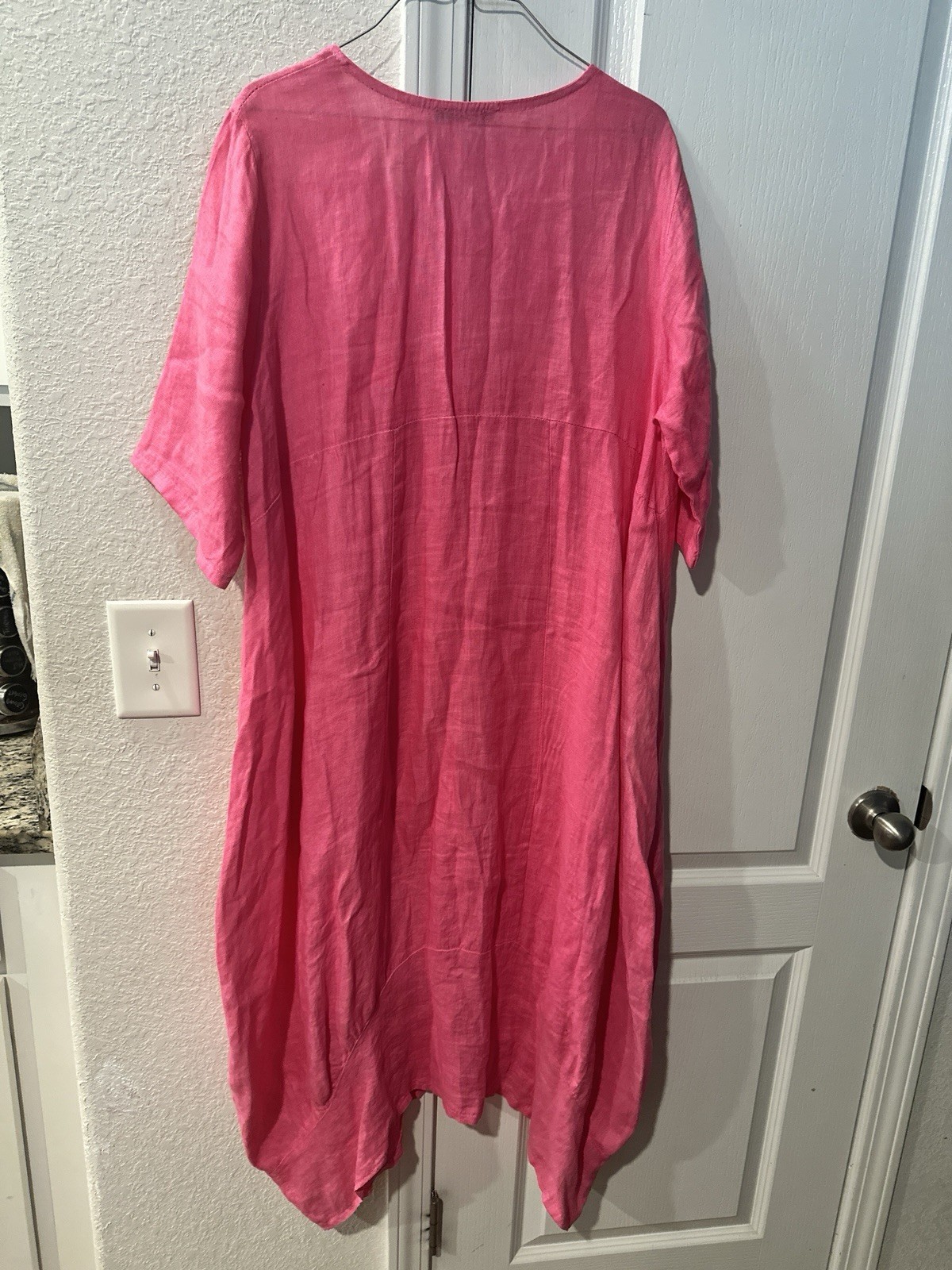 Jòso Millenium Pink Linen Shift Midi Dress Round Neck Short Sleeve Pockets S