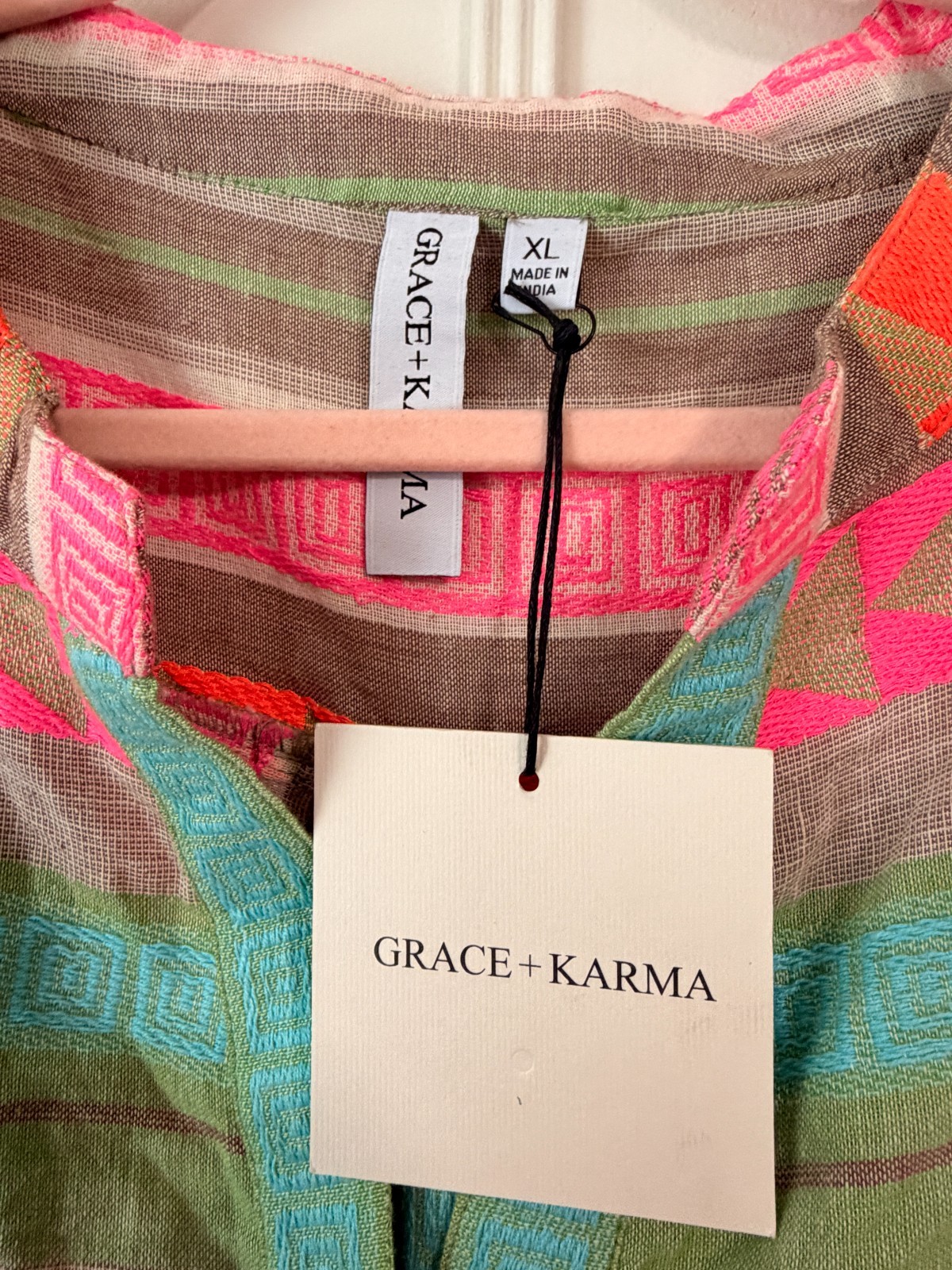 Grace Karma Womens Striped Tiered Boho Dress XL NWT Embroidered Neon Pink Fest