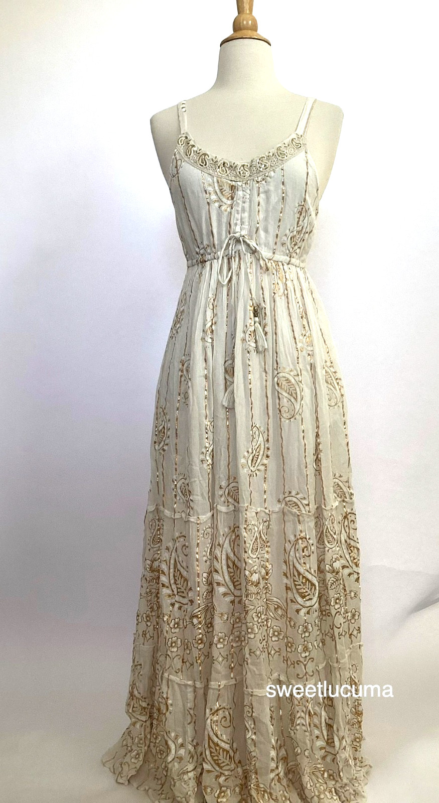 NWT Me 2 Magic Anthropologie Maxi Dress S Ivory Gold Lurex Smocked Embroidered