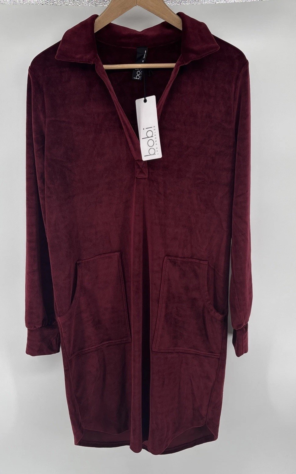 Brand New Bobi Los Angeles Velour Pocket Collar Dress Small Wine Color