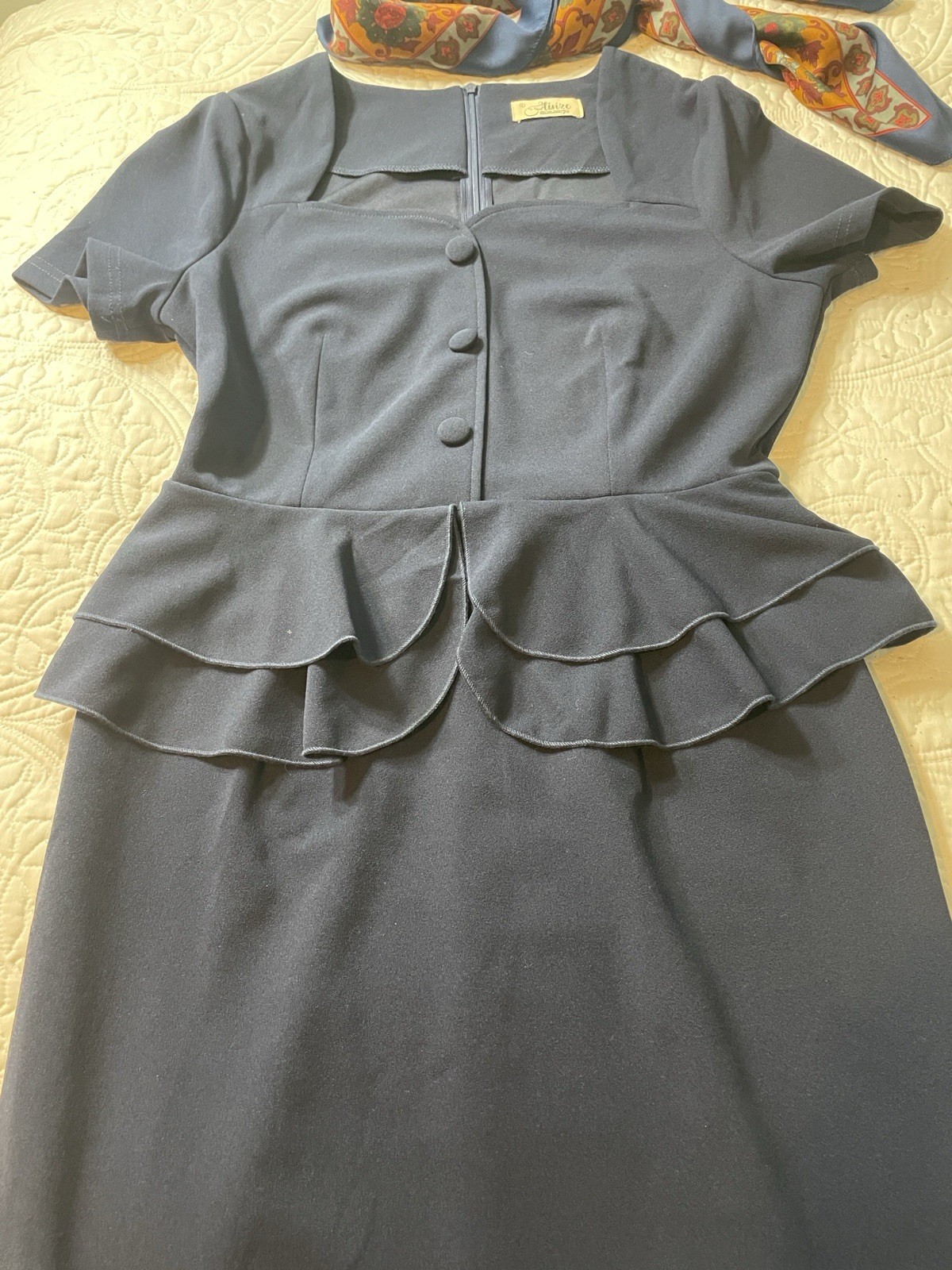 Alivire Blue Solid Sheath Peplum Midi Dress, Short Sleeve, Zip, Button