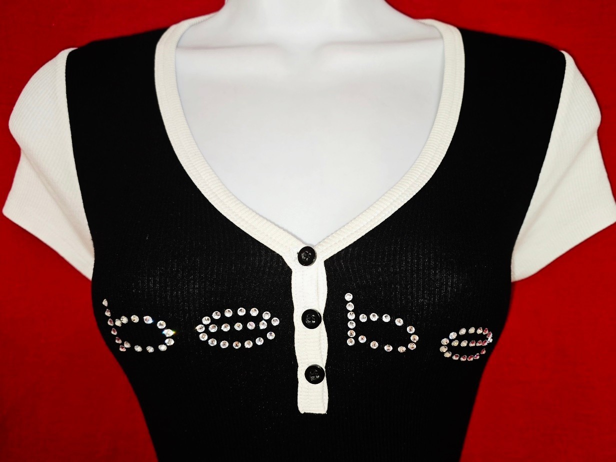 “RARE” BEBE SWAROVSKI CRYSTAL RHINESTONE LOGO BUTTON FRONT DRESS STRETCHY S NWOT