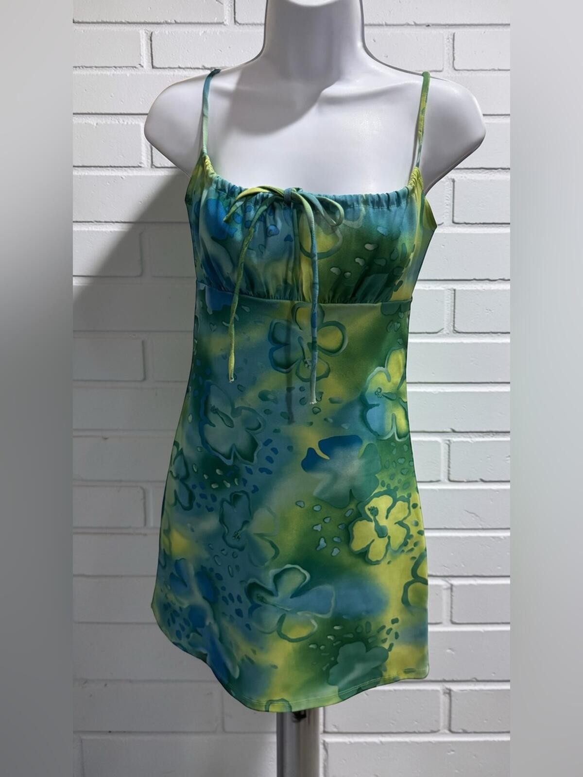 Green & Blue Floral Mini Dress – Sleeveless Tie Front