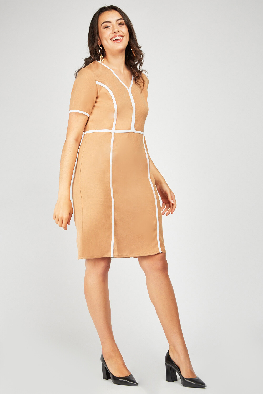 STRUCTURED CAMEL/WHITE MIDI PENCIL DRESS UK 16 EU44 US12 L40 INCHES