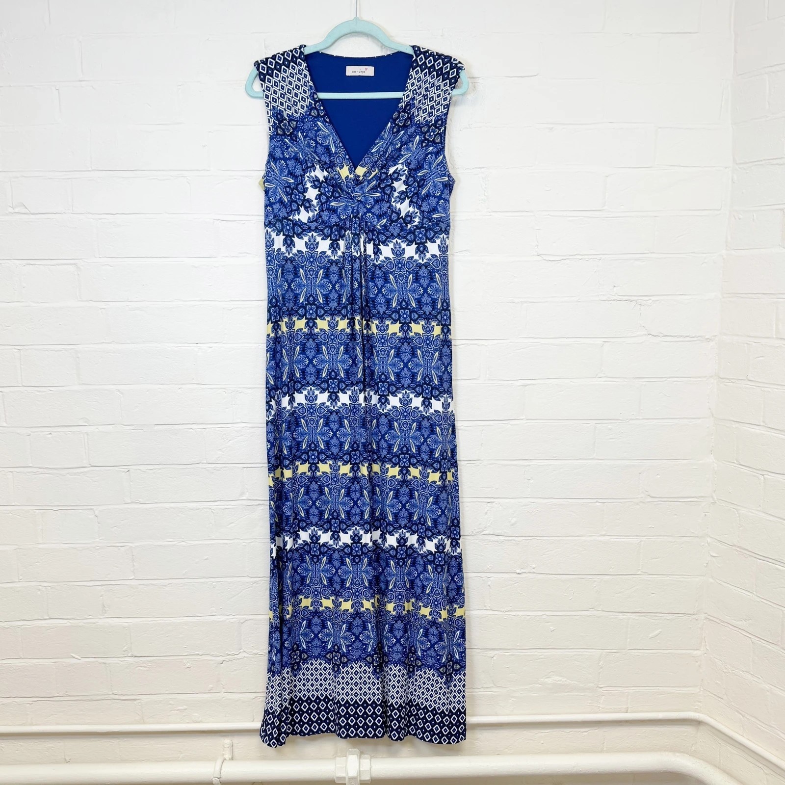 Per Una Maxi Dress Blue Tile Print Boho Jersey Stretch V-neck UK 16