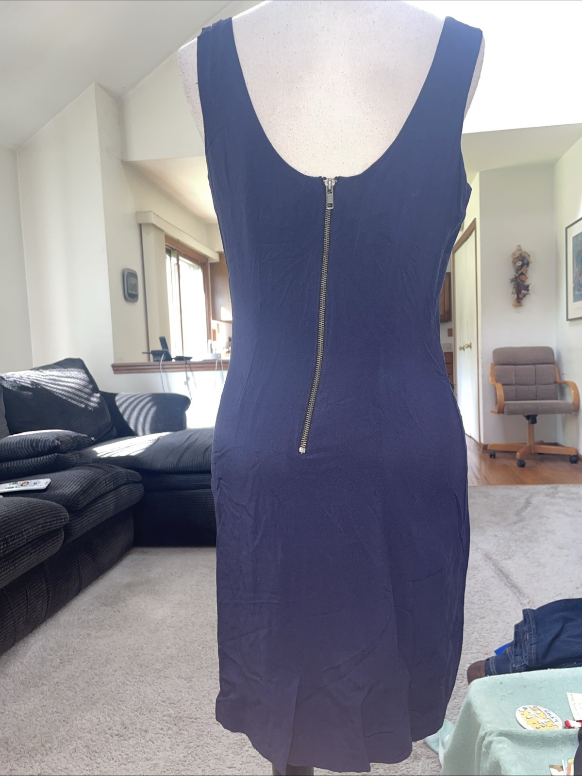 French Connection Navy Blue Sequin Front Exposed Zipper Back Dress Size Medium