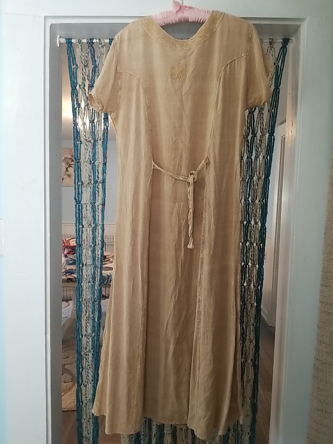 VTG Sacred Threads Beige Embroidered Maxi Dress One Size Boho Hippie Tie Back