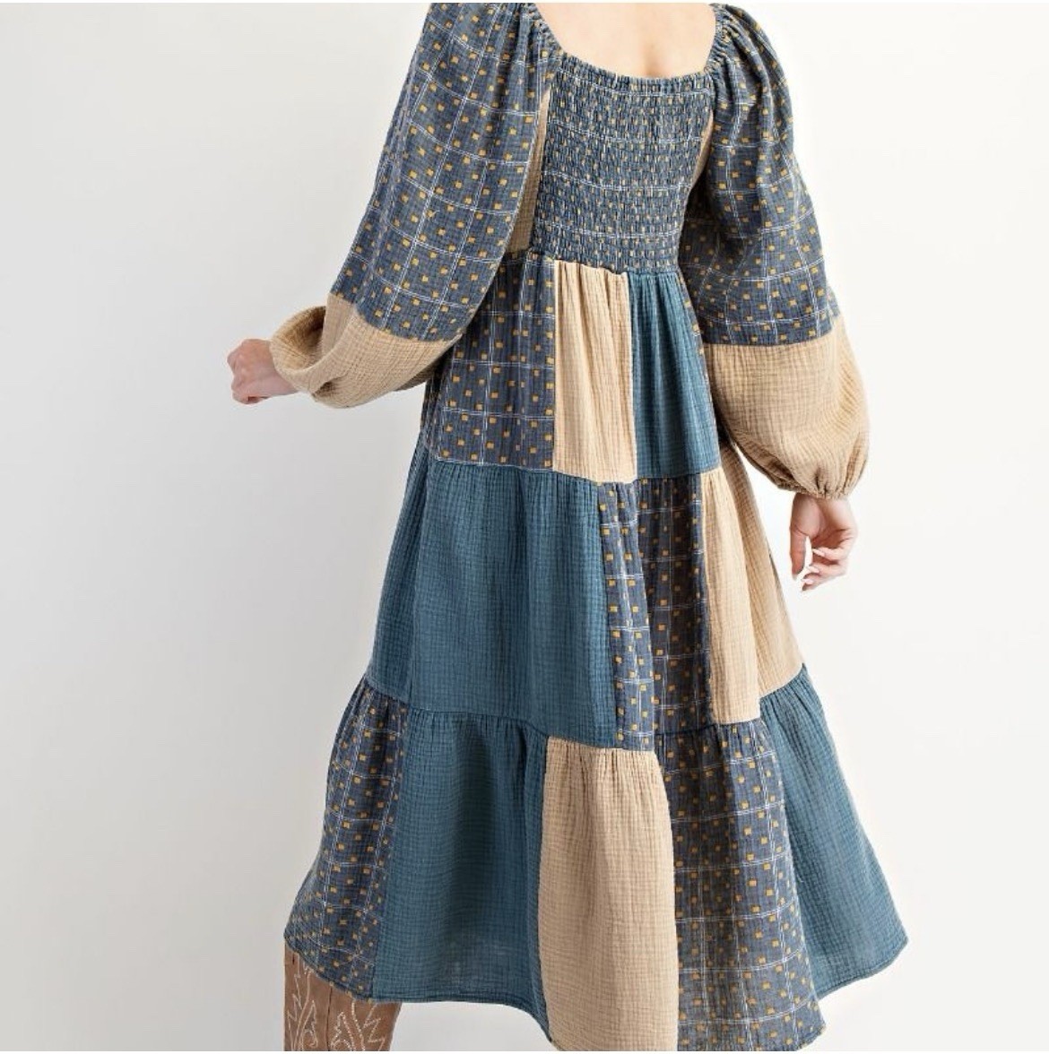 Size:M ED27367 Teal Khaki Patchwork Washed Cotton Gauze Dress