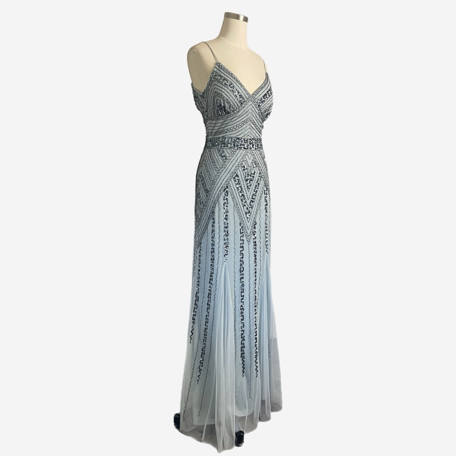 Marina NWT light blue beaded mesh v neck gown bridesmaid princess castlecore 6