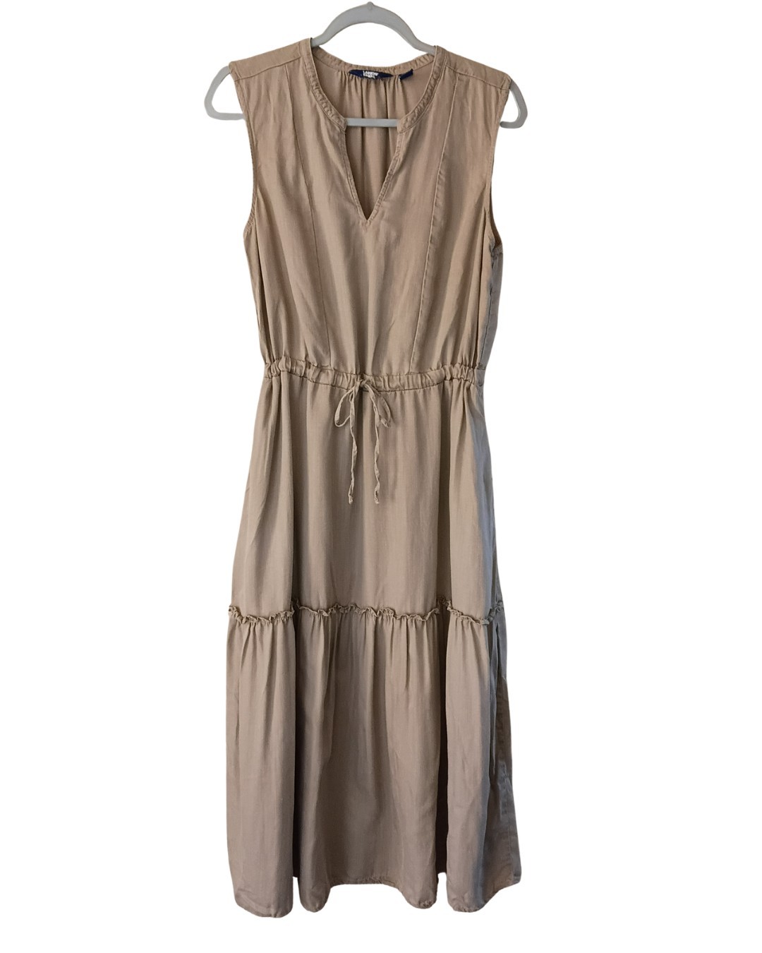 Lands End Tiered Maxi Dress Tan Classy Sleeveless, Pockets, Sz -M Adjustable Tie