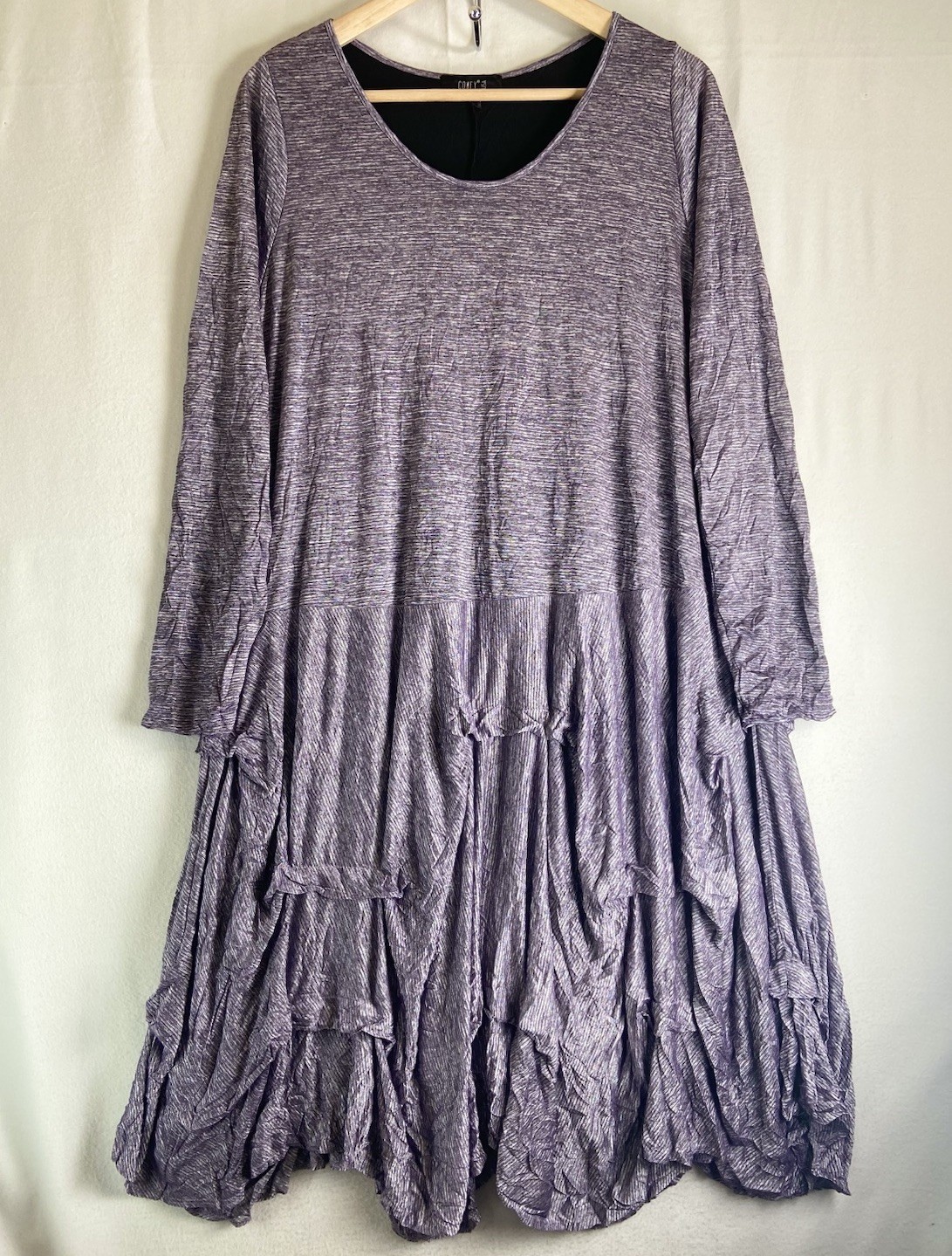 COMFY USA Purple Crinkle Tiered Midi Dress Women M Ruffle Boho Lagenlook