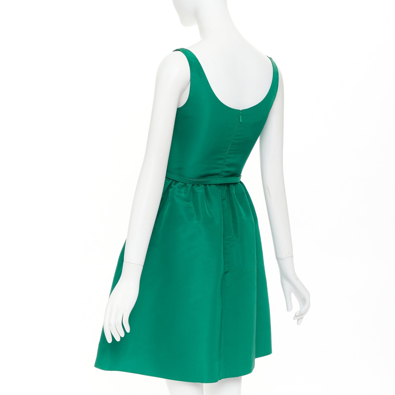OSCAR DE LA RENTA 2017 green silk faille square neck belted flare dress IT40 S
